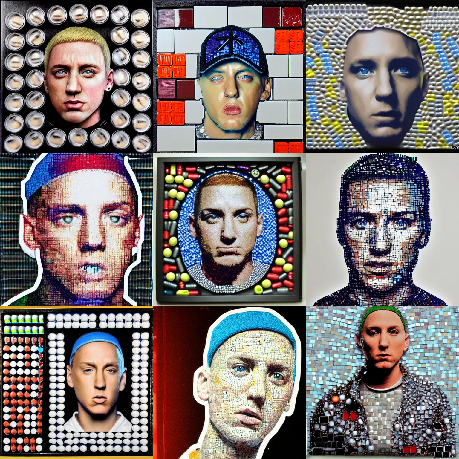 Prompt: mosaic of eminem made with pills, high quality, award winning