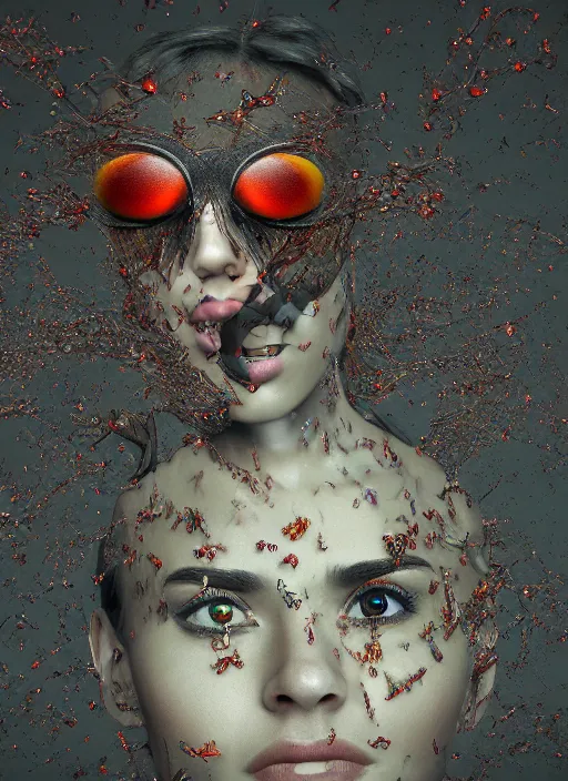 Image similar to a woman with insect eyes is pictured on the wall, glitch art, octane render, trending on artstation, gritty, nekro, vito acconci