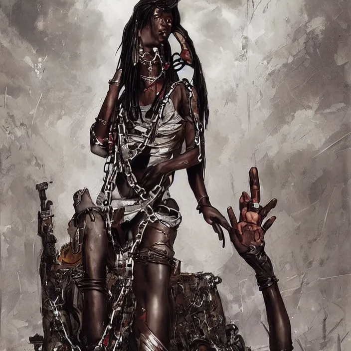 Image similar to postapocalyptic beautiful african domme mistress in her throne, full body, ebony skin, rubber and latex, chains, smooth white surroundings, smooth, concept art, realistic painting, digital art by greg rutkowski, by junji ito