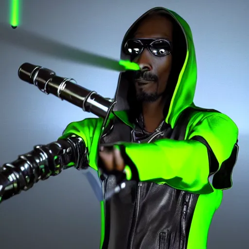 Prompt: Snoop Dogg as a cyborg cyberpunk ninja, skintight black uniform, neon green bulletproof vest, Leather gloves, Robot arm, cigarette in his mouth. and wielding a giant, smoking, blunt, as a weapon, emerging from a cloud of smoke. high quality, unreal engine 5 render, high quality render, octane render, photo realistic, ultra detail, cinematic lighting, realistic, cyberpunk, Snoop Dogg, Snoop Dogg rapper