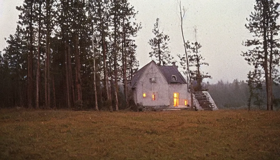 Image similar to 1 9 7 0 s movie still by andrei tarkovsky of a heavy burning french style little house in a small northern french village by night in autumn, pines forest, cinestill 8 0 0 t 3 5 mm, heavy grain, high quality, high detail, dramatic light, anamorphic, flares, by mini - dv camera