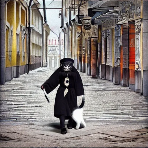 Image similar to orthodox cat walks through the streets of moscow in the style of digital art, realism