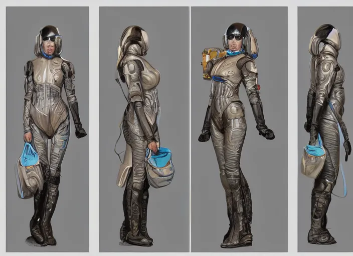 Image similar to front and back character view of a woman in scientist's jacket with a system of straps and pouches for collecting material by Donato Giancola, Trending on artstation, cgsociety and pixiv clean sci-fi concept art and sheet