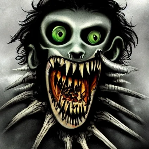 Image similar to nightmare creatures, tim Burton style, dark, horror, realistic, big teeth