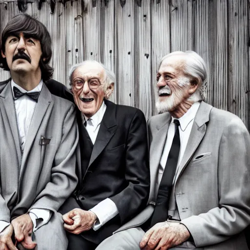 Prompt: old the beatles at age of 9 0 years old, color ( sony a 7 r iv, symmetric balance, polarizing filter, photolab, lightroom, 4 k, dolby vision, photography award ), vogue, perfect face, movie poster