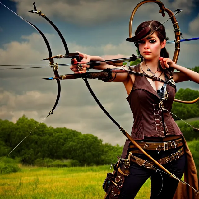 Prompt: steampunk archer, 4 k, hdr, smooth, sharp focus, high resolution, award - winning photo, anne stokes, photorealistic