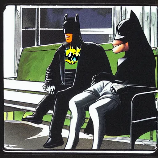 Prompt: batman and alf smoking a cigarette sitting on a green park bench,