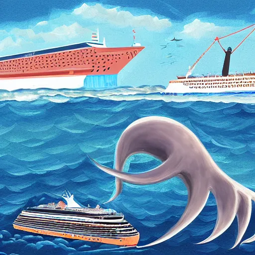 Image similar to A giant squid destroying a cruise ship in the middle of the ocean, digital art