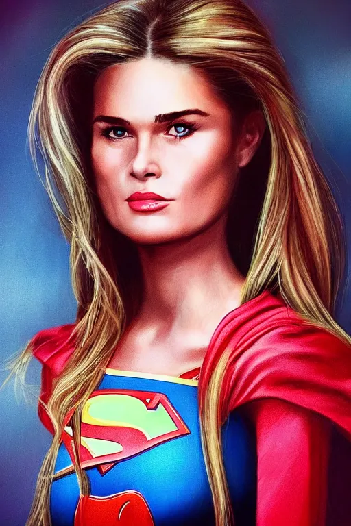 Prompt: portrait of a mix of beautiful young maria shriver, mariel hemmingway, brooke shields and elle macpherson as supergirl, thin lips, hair tied up in a pony tail, colorful artstation, cgsociety