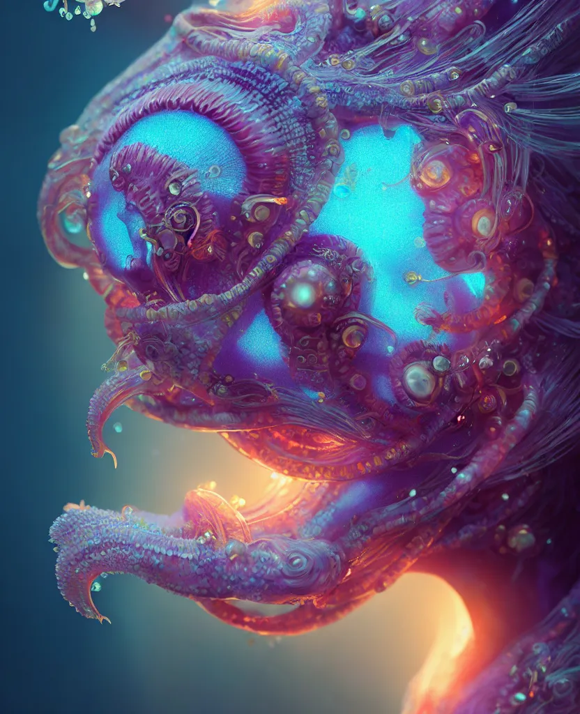 Image similar to goddess close-up portrait. jellyfish phoenix head, nautilus, orchid, skull, betta fish, bioluminiscent creatures, intricate artwork by Tooth Wu and wlop and beeple. octane render, trending on artstation, greg rutkowski very coherent symmetrical artwork. cinematic, hyper realism, high detail, octane render, 8k