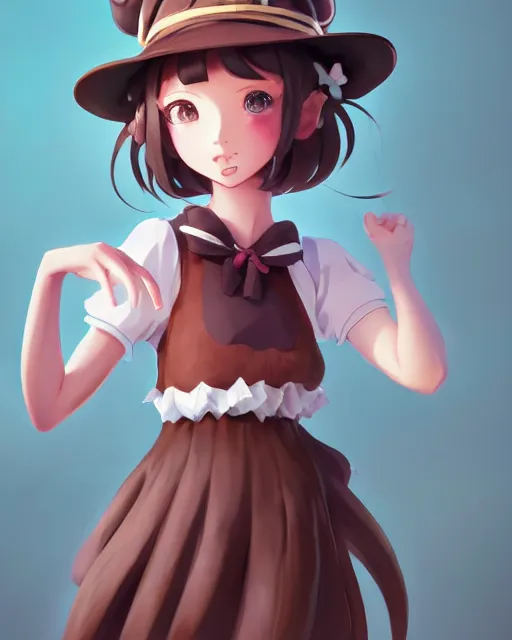 Image similar to a girl as personification of chocolate cupcake, character design, cute hats, unreal engine, highly detailed, digital illustration by artgerm, tooth wu, studio ghibli, sharp focus, artstation. ribbons, dog ears. a fantasy bakery by studio ghibli, makoto shinkai, global illumination, sweets,