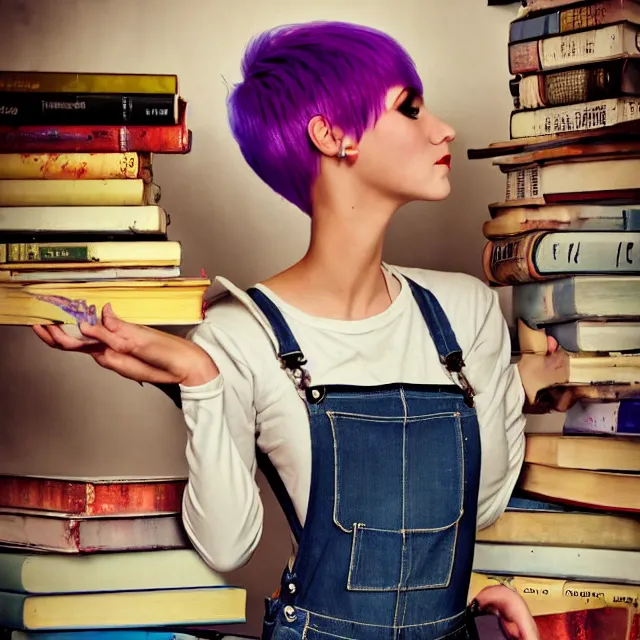 Image similar to full body pose, beautiful adult fairy, pixar, short white hair shaved sides, dirty, grungy, grunge, long sleeve, painted overalls, stacks of giant books, highly detailed, 4 k, hdr, smooth, sharp focus, high resolution, award - winning photo, artgerm, photorealistic