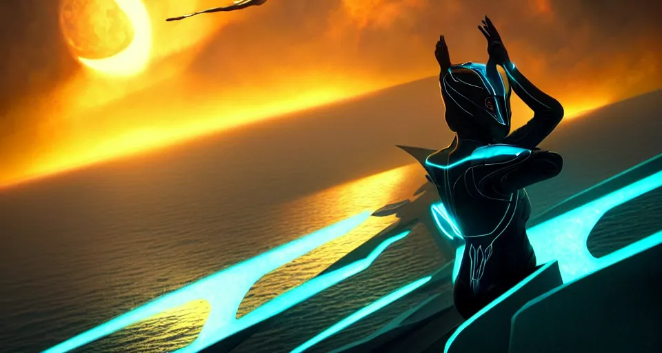 Image similar to tron legacy wings in front mind bending sunset, cliffside ocean scene, backlit, aesthetic, elegant, diffuse lighting, hyper realistic, elegant, intricate, hyper detailed, smooth, sharp focus, concept art, illustration, trending on artstation, art by artem demura, greg rutkowski, james gurney, and alphonse mucha