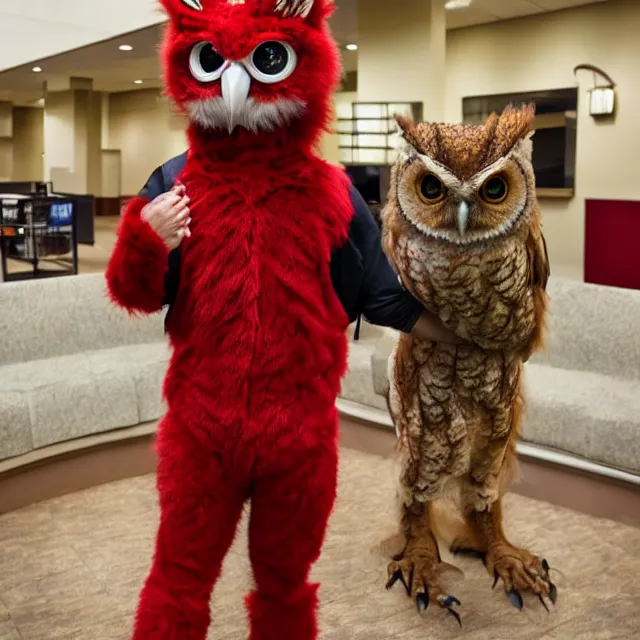 Prompt: a person wearing a fursuit of a red morph screech owl fursona, fursona, furry convention, hotel lobby, indoors, photograph, furry fandom, photorealistic,