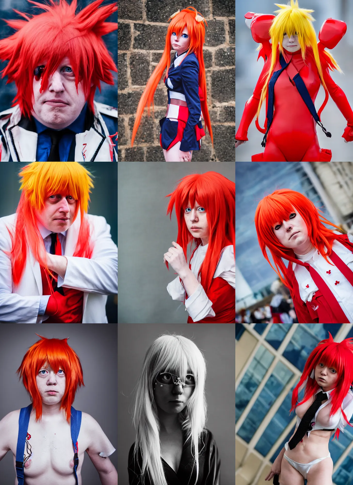 Prompt: boris johnson cosplaying as asuka langley, anime convention, portrait photography, high quality, detailed, sigma 8 5 mm
