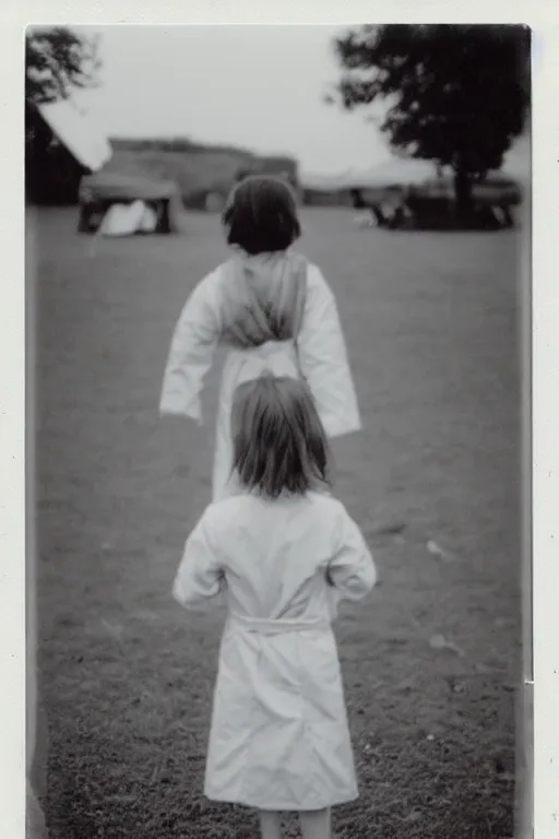 Image similar to photo polaroid of a sad and lonely child in a white coat and barefoot stands in the middle from behind the camera many big tents of field hospitals, pandemic, covid, loneliness, black and white ,photorealistic, 35mm film,