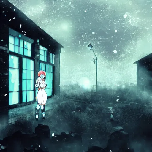 Image similar to vocaloid in abandoned city, dark, despair, loneliness