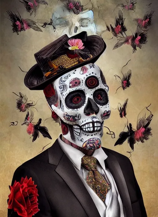 Image similar to dia de los muertos hombre theme surrealist art in the styles of igor morski, jim warren, and giuseppe mastromatteo, intricate, hyperrealistic, accurate facial details, profile picture with chromakey!!!!! background, volumetric lighting