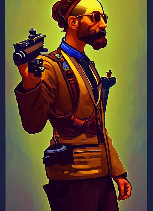 Prompt: oil portrait of the pilot from enter the gungeon, intricate, elegant, highly detailed, lighting, painting, artstation, smooth, illustration, art by greg rutowski and alphonse mucha
