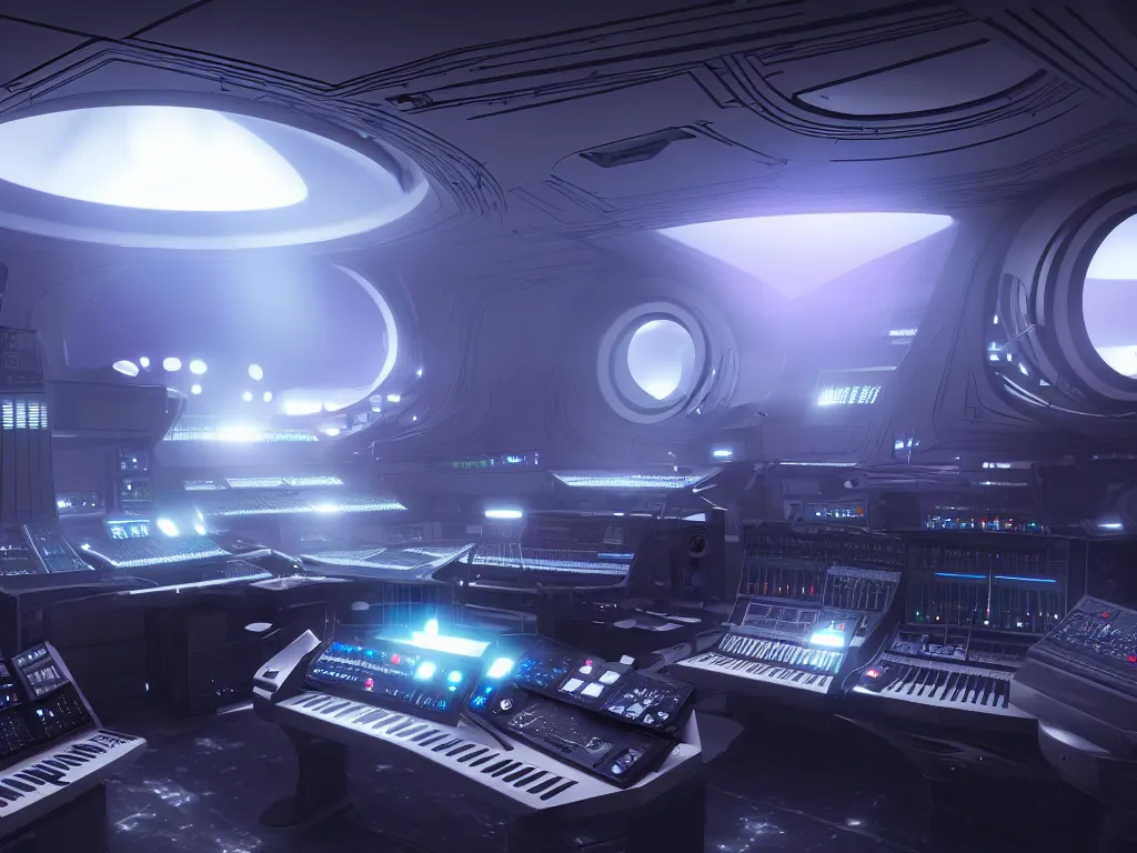 Image similar to a music studio inside a spaceship, artstation, volumetric light, high detail, reflections, perfect, concept art, hdr, 4 k