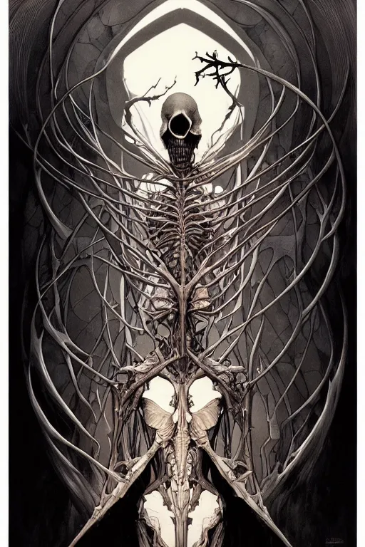 Image similar to artgerm, joshua middleton, mucha, beksinski, flourescent, heavy metal comic cover art, psychedelic triangular skeletal calcification fungus lich, full body, hollow eyes, symmetrical face, long black crown, in a dungeon background, moody dark colors