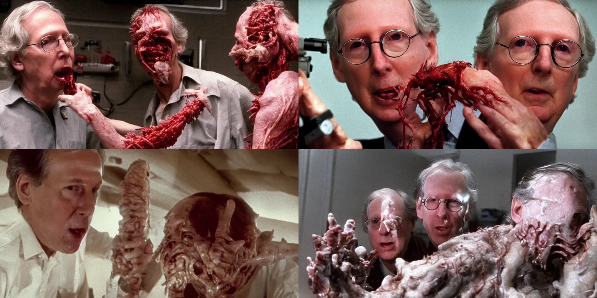 Prompt: mitch mcconnell next to ted cruz body horror in the thing ( 1 9 8 2 ) directed by john carpenter, limb mutations, swollen veins, red flesh strings, arizona desert, cacti, flamethrower, cinestill 8 0 0 t, 1 9 8 0 s movie still, film grain