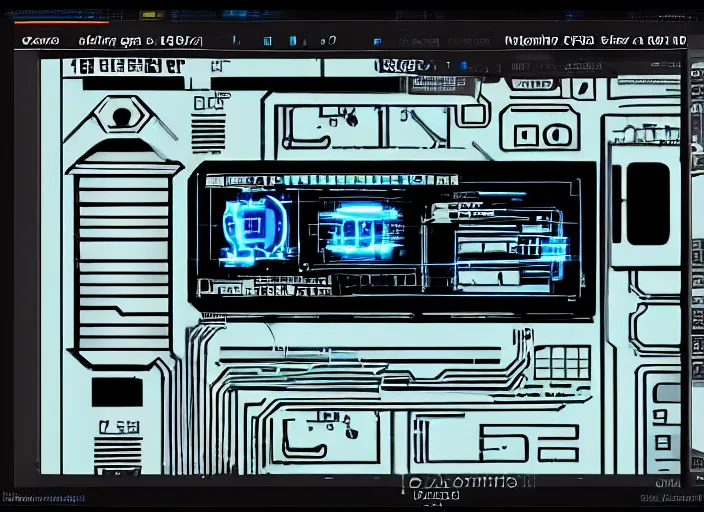 Image similar to simple cyberpunk graphics user interface ( gui ) depicting operational controls of a mech robot in the style of ghost in the shell. design by mark coleran or jayse hansen ( 1 9 9 1 )