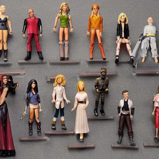 Prompt: extremely detailed photo of Buffy the Vampire Slayer action figures in a row on a table