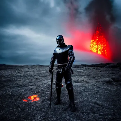 Prompt: badass photograph of a man clad in black metallic medieval armor holding a glowing trident, background of a nuclear wasteland at night with lava, dramatic lighting, film still