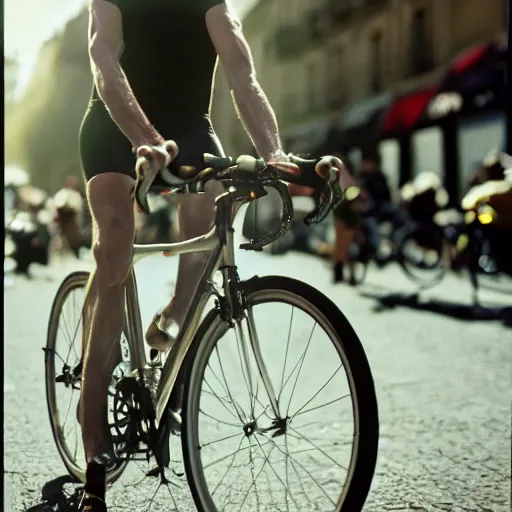 Image similar to closeup portrait of a cyclist in paris, by Steve McCurry and David Lazar, natural light, detailed face, CANON Eos C300, ƒ1.8, 35mm, 8K, medium-format print