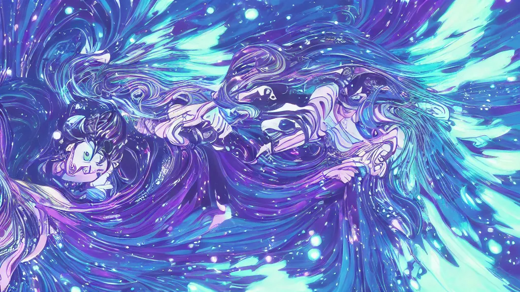 Image similar to detailed and realistic illustration of two presons dancing together, around them a swirl of colors and spirits of fantastic animals surrounding them in a glow, dark blue and intense purple color palette, art by kuvshinov ilya and kojima ayami and amano yoshitaka, 4 k