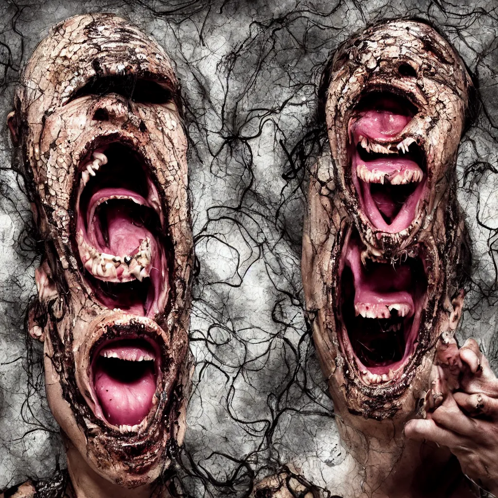 Prompt: hyper realistic photographic portrait of a disgusting female demon with snake skin, black eyes, mouth open in a scream, needle like teeth dripping poison, a background made of maggots and grubs, 8 k, macro detail