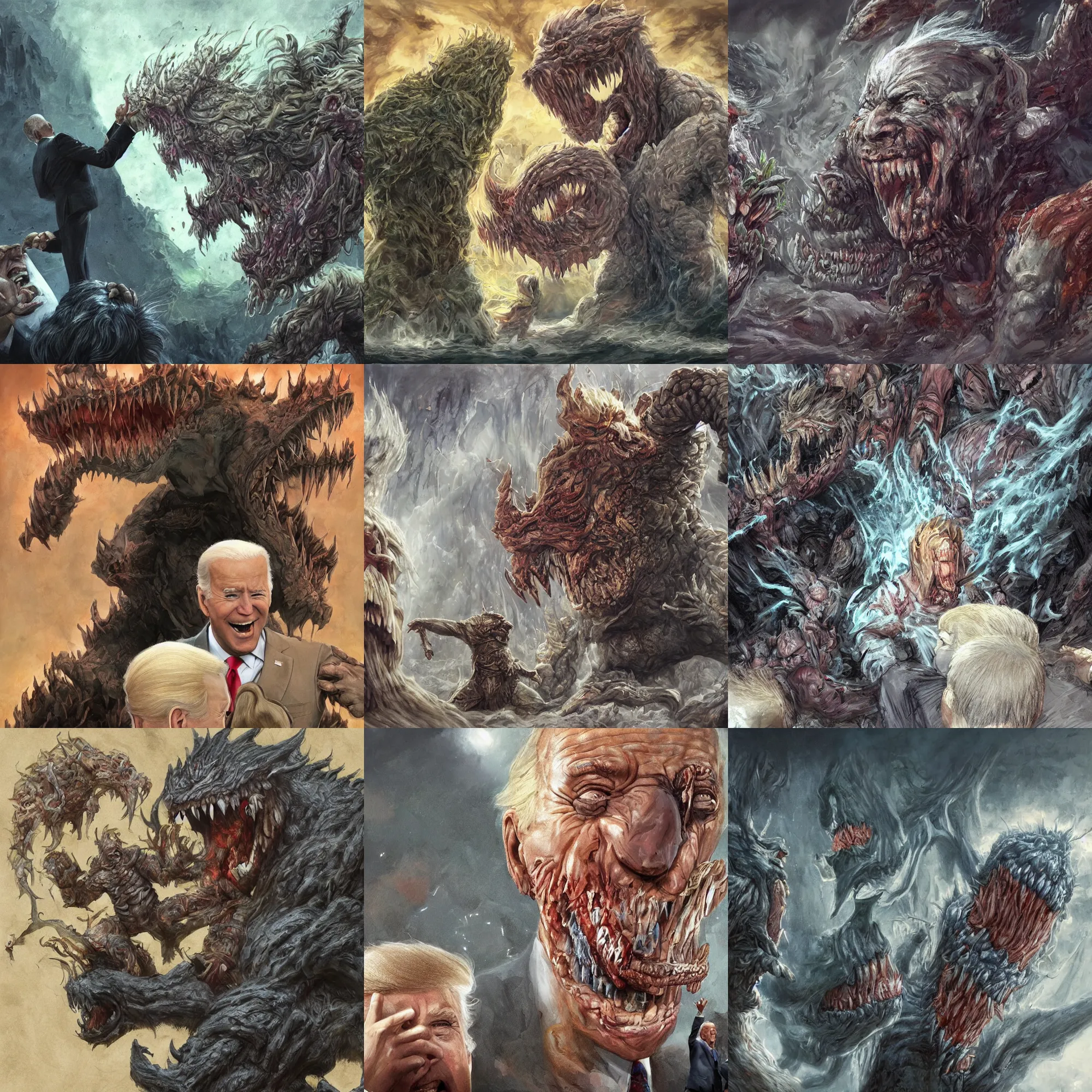 Prompt: Joe Biden being eaten by a monster while Trump laughs at him, horror, diffuse lighting, fantasy, intricate, elegant, highly detailed, lifelike, photorealistic, digital painting, artstation, illustration, concept art, smooth, sharp focus, art by John Collier and Albert Aublet and Krenz Cushart and Artem Demura and Alphonse Mucha