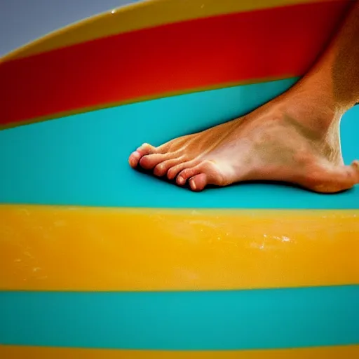 Image similar to Toes of a surfer hanging ten on the edge of a colorful striped surfboard with turquoise waves , cinematic, hyper realism, high detail, octane render, 8k“