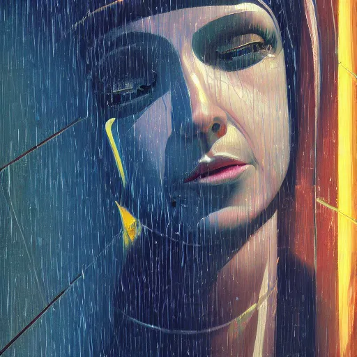 Image similar to detailed face of a woman, clockwork, moment, tectonic sky, skydome, bullet train, turbines, utopian, tech noir, wet reflections, prism, atmospheric, ambient, pj crook, syd mead, livia prima, greg rutkowski, edward hopper