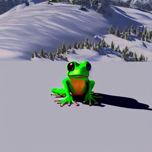 Image similar to 3 d octane frog character skiing down a mountain