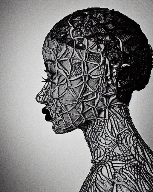 Prompt: a black woman's face in profile, made of intricate lace skeleton, in the style of the dutch masters and gregory crewdson, dark and moody