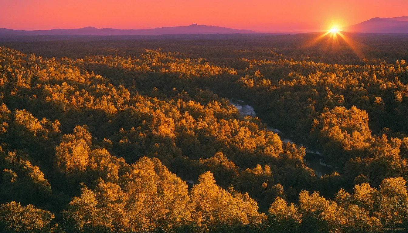 Image similar to a river valley at sunset, photograph with lighting by frederic edwin church, golden hour, nature, 2 4 mm lens, fujifilm, fuji velvia, flickr, 5 0 0 px, award winning photograph, highly detailed, beautiful capture, rule of thirds, crepuscular rays