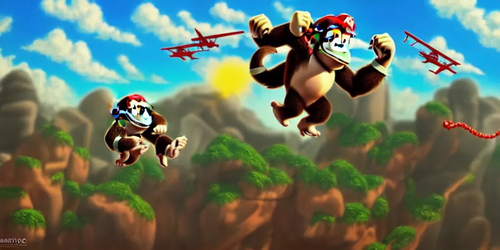 Image similar to a cinematic view of donkey kong flying a jet, oil on canvas, masterpiece, trending on artstation, featured on pixiv, cinematic composition, dramatic, beautiful lighting, sharp, details, hyper - detailed, hd, hdr, 4 k, 8 k