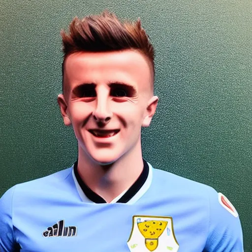 Prompt: “A realistic photo of English football player Mason Mount as a humanoid android with shiny skin and wearing his soccer uniform close up very detailed”