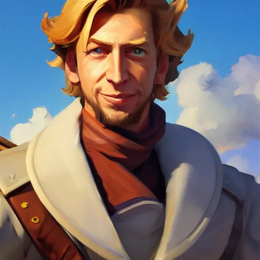 Image similar to Greg Manchess portrait painting o Guybrush Threepwood as Overwatch character, medium shot, asymmetrical, profile picture, Organic Painting, sunny day, Matte Painting, bold shapes, hard edges, street art, trending on artstation, by Huang Guangjian and Gil Elvgren and Sachin Teng