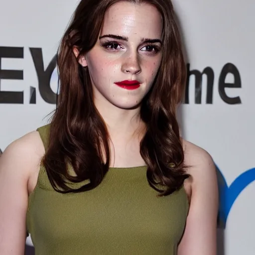 Image similar to a woman who is a genetic combination of emma watson and kat dennings face and upper - body focus