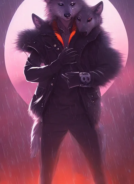 Image similar to award winning beautiful portrait commission of a male furry anthro albino wolf fursona with a tail and a cute beautiful attractive detailed furry face wearing stylish black and orange biker clothes in a cyberpunk city at night while it rains. Character design by charlie bowater, ross tran, artgerm, and makoto shinkai, detailed, inked, western comic book art