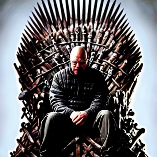 Image similar to “Very crisp photo of Walter White sitting on the Iron Throne from Game of Thrones, atmospheric lighting, award-winning details”