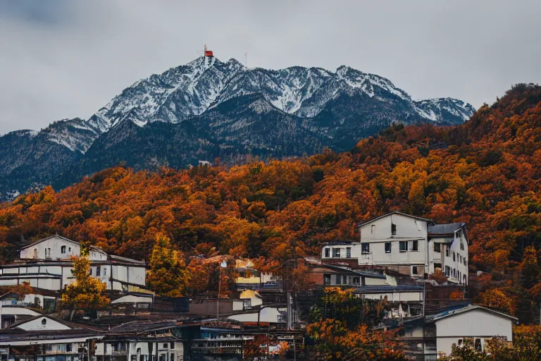 Image similar to warehouses lining a street, with an autumn mountain directly behind, radio tower on mountain, lens compressed, photography