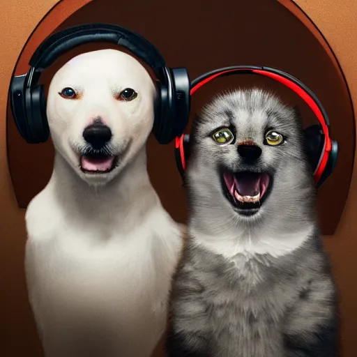 Prompt: a dog and cat wearing headphones smiling, 8 k resolution, digital art, serene, marco lens, by greg rutkowski, wlop, artgerm, artstation