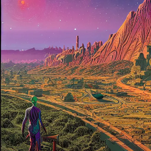 Image similar to an epic hyperdetailed matte painting of a retro vintage sci fi landscape by moebius and simon stalenhag and geoff darrow and dan mumford