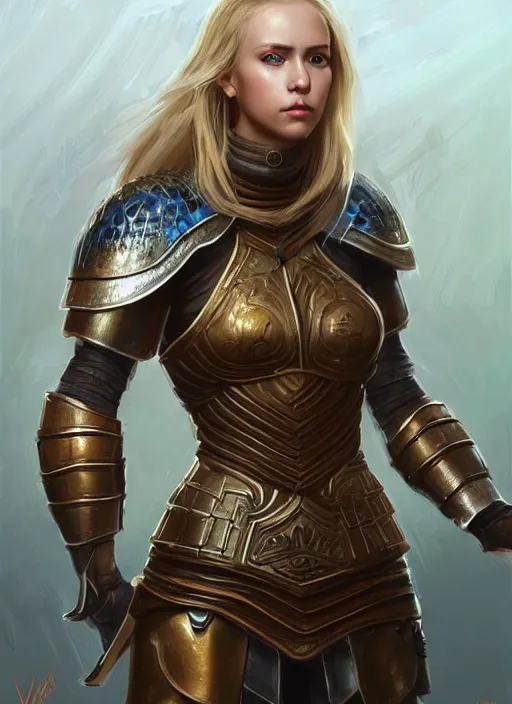 Prompt: full - body portrait of slavic young woman warrior, extremely detailed face, beautiful face, blonde hair, blue eyes, leather and bronze armour, digital painting, true anatomy, by valerian city of a thousand planets, by ruan jin #, by mandy jurgens #, by artgerm #, william - adolphe bouguerea #