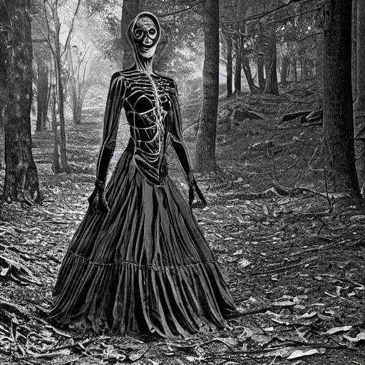 Image similar to 1860 photo of an old freak show body spider-woman, on the middle of a forest, spooky , veins, arteries, intricate, golden ratio, full frame, elegant, highly detailed, ornate, ornament, sculpture, elegant , luxury, beautifully lit, ray trace, 3d, PBR