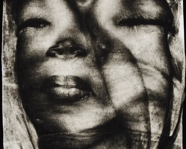 Image similar to movie still, germaine krull, a black and white photo of a woman's face, a charcoal drawing by Hans Erni, afro futurismn, ambrotype, multiple exposure